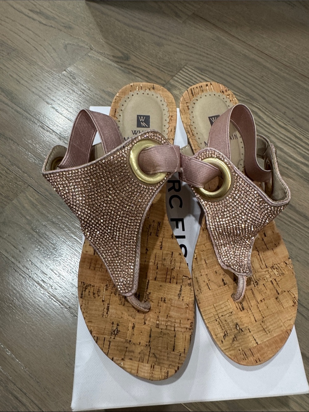 White mountain Rose Gold Rhinestone Cork Thong Sandals